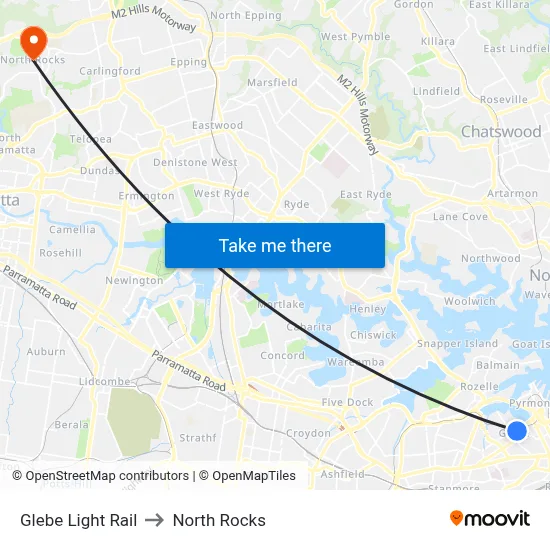 Glebe Light Rail to North Rocks map