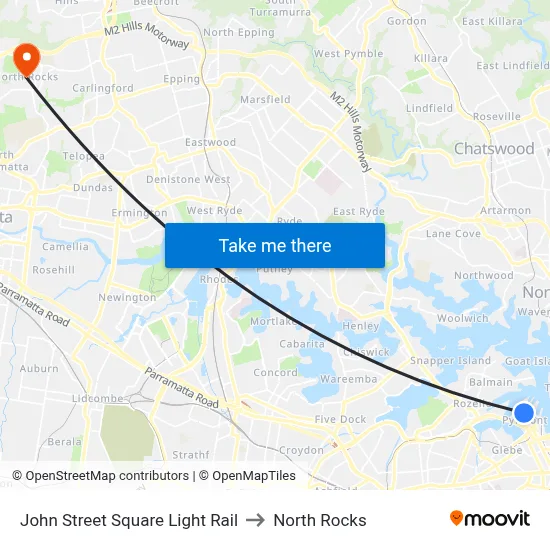 John Street Square Light Rail to North Rocks map