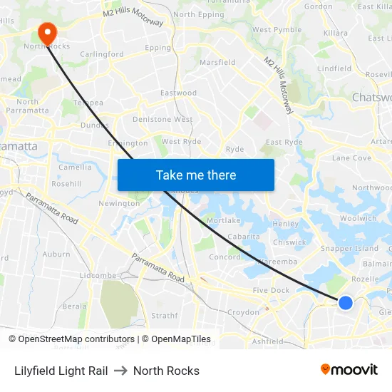 Lilyfield Light Rail to North Rocks map
