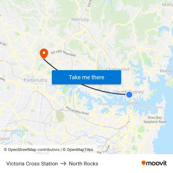 Victoria Cross Station to North Rocks map