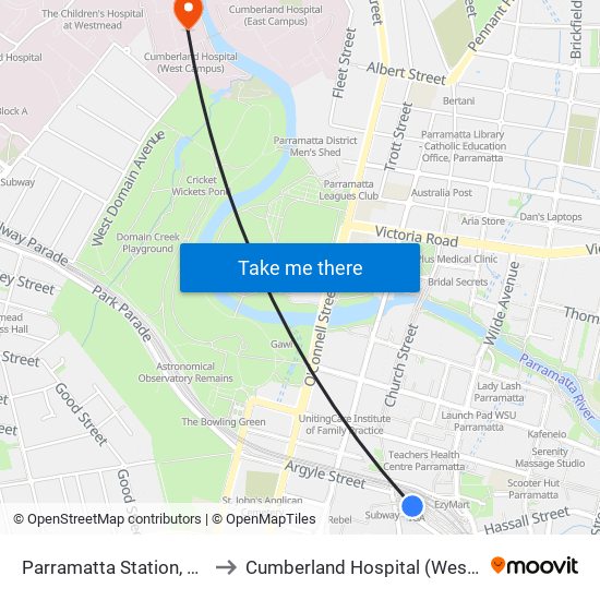 Parramatta Station, Stand B2 to Cumberland Hospital (West Campus) map