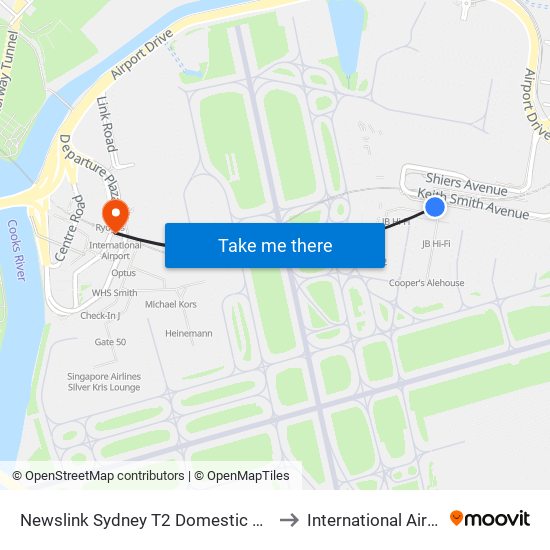 Newslink Sydney T2 Domestic Airport to International Airport map