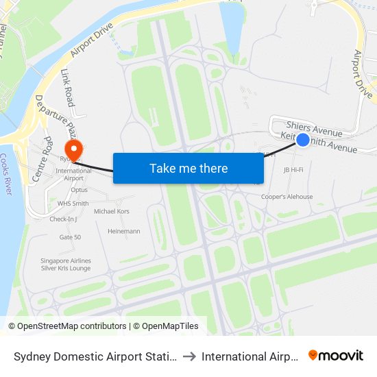 Sydney Domestic Airport Station to International Airport map