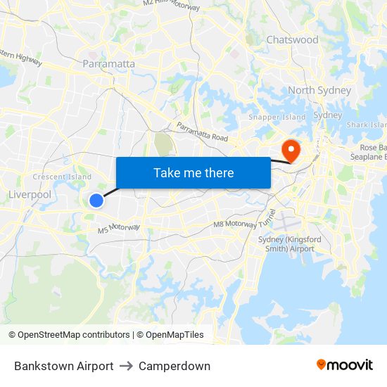 Bankstown Airport to Camperdown map