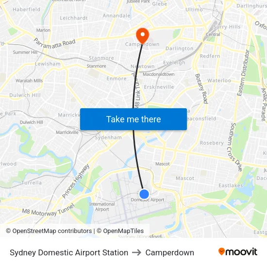 Sydney Domestic Airport Station to Camperdown map