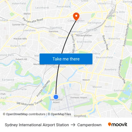 Sydney International Airport Station to Camperdown map