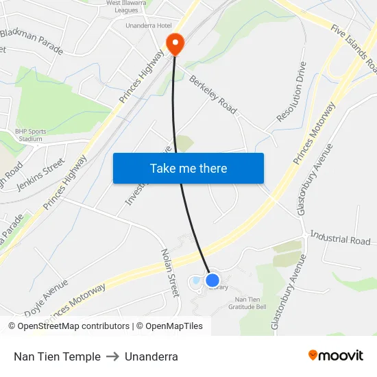 Nan Tien Temple to Unanderra map
