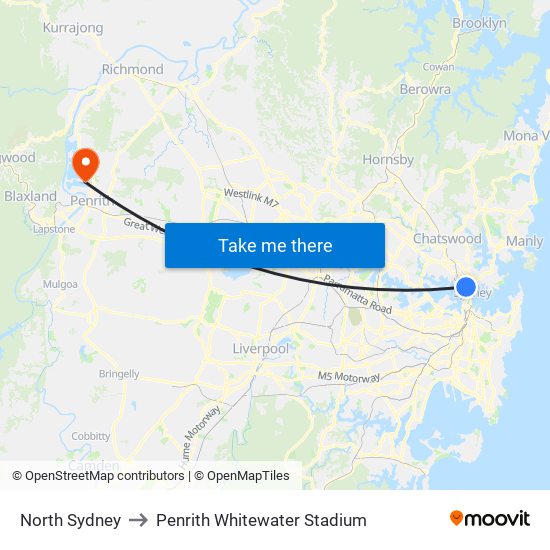 North Sydney to Penrith Whitewater Stadium map