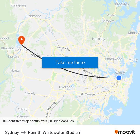 Sydney to Penrith Whitewater Stadium map