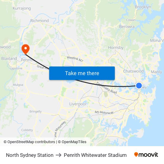 North Sydney Station to Penrith Whitewater Stadium map