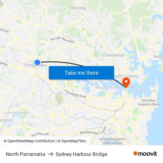 North Parramatta to Sydney Harbour Bridge map