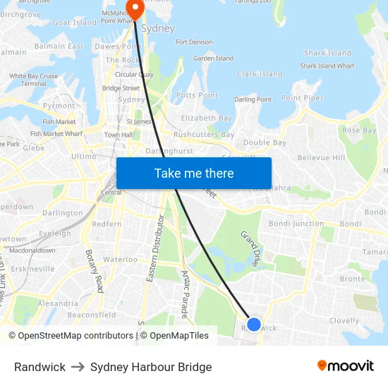 Randwick to Sydney Harbour Bridge map