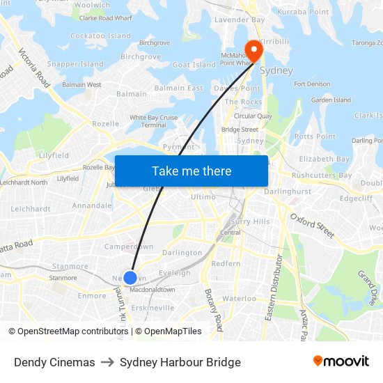 Dendy Cinemas to Sydney Harbour Bridge map