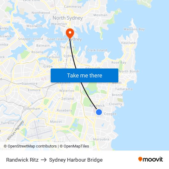 Randwick Ritz to Sydney Harbour Bridge map
