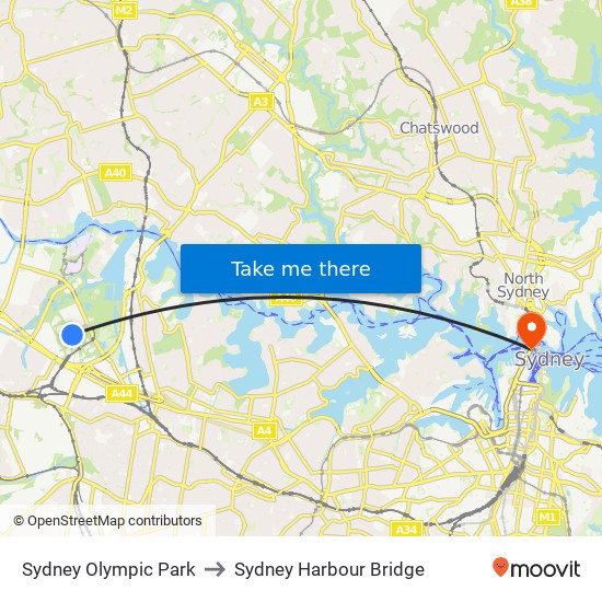 Sydney Olympic Park to Sydney Harbour Bridge map