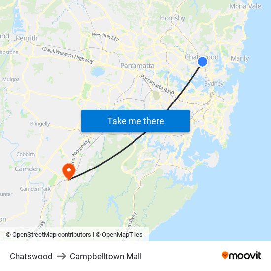 Chatswood to Campbelltown Mall map