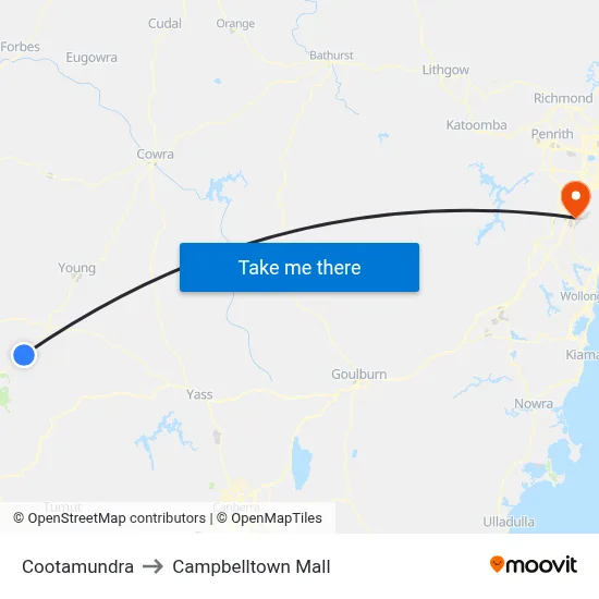 Cootamundra to Campbelltown Mall map