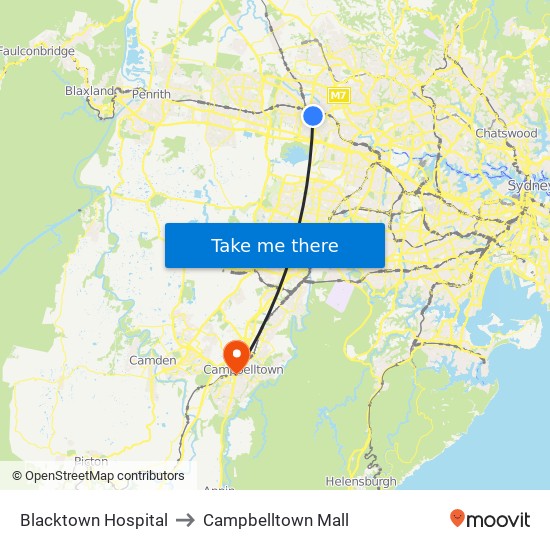 Blacktown Hospital to Campbelltown Mall map