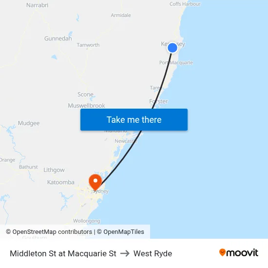 Middleton St at Macquarie St to West Ryde map