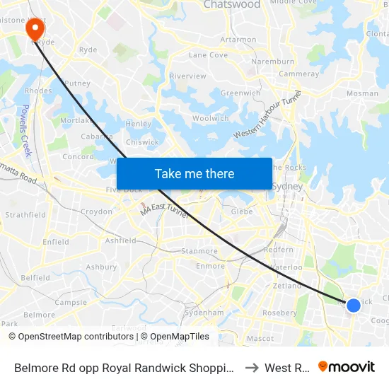 Belmore Rd opp Royal Randwick Shopping Centre to West Ryde map
