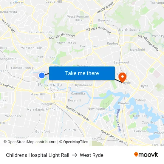 Childrens Hospital Light Rail to West Ryde map