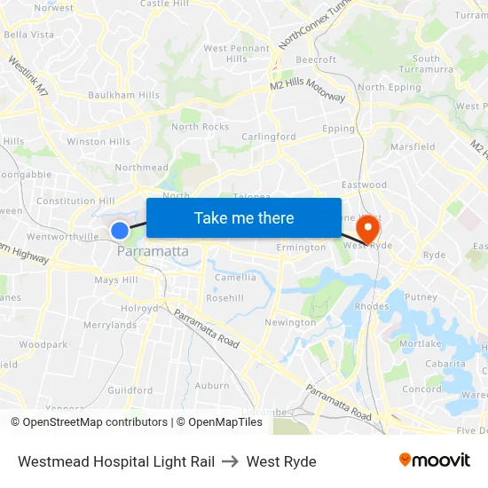Westmead Hospital Light Rail to West Ryde map