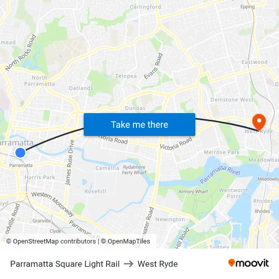 Parramatta Square Light Rail to West Ryde map