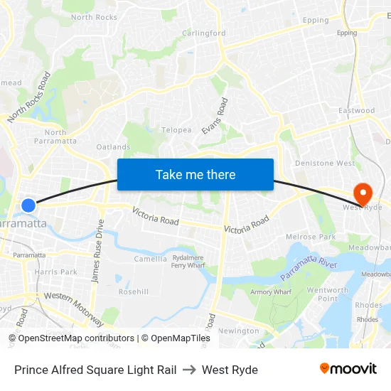 Prince Alfred Square Light Rail to West Ryde map