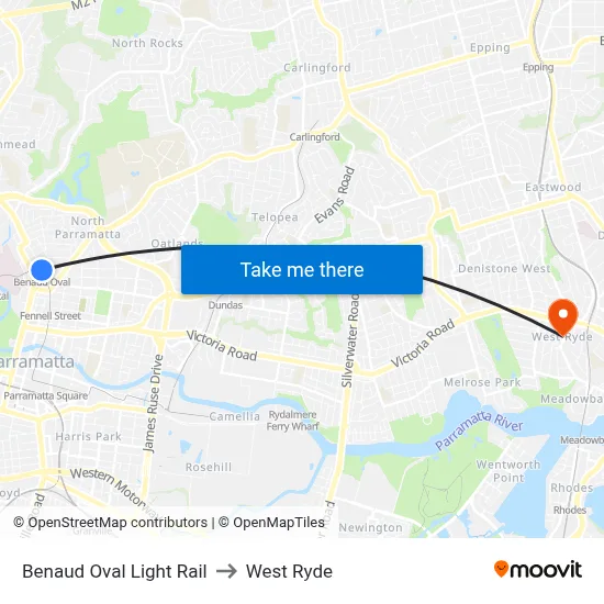 Benaud Oval Light Rail to West Ryde map