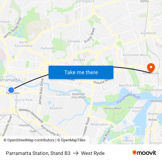 Parramatta Station, Stand B3 to West Ryde map