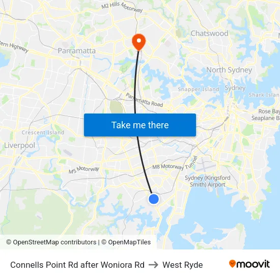 Connells Point Rd after Woniora Rd to West Ryde map