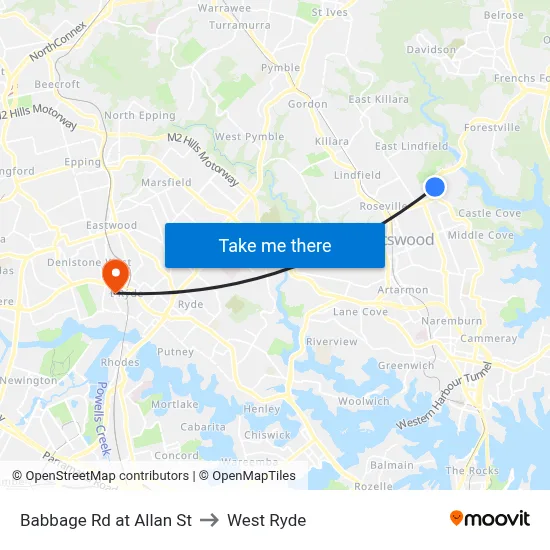 Babbage Rd at Allan St to West Ryde map