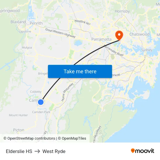 Elderslie HS to West Ryde map