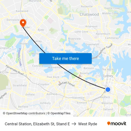 Central Station, Elizabeth St, Stand E to West Ryde map