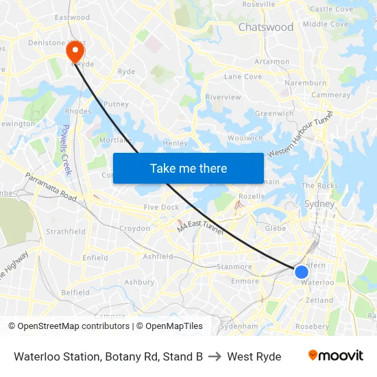 Waterloo Station, Botany Rd, Stand B to West Ryde map