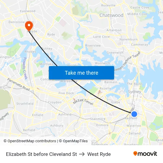 Elizabeth St before Cleveland St to West Ryde map