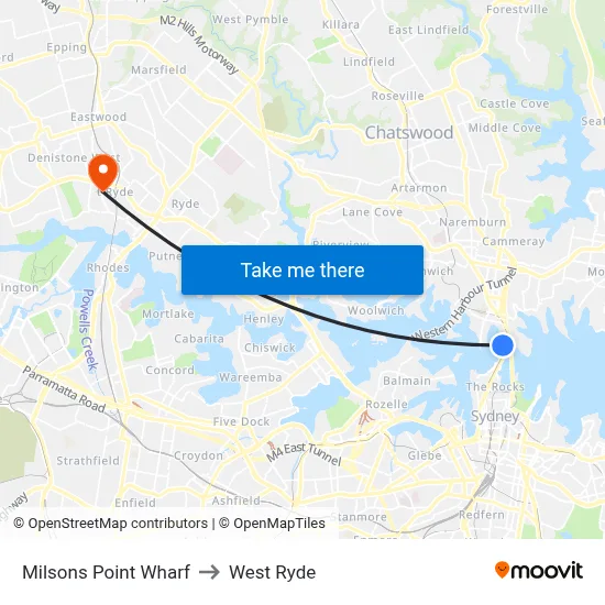 Milsons Point Wharf to West Ryde map