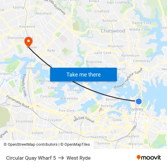 Circular Quay Wharf 5 to West Ryde map