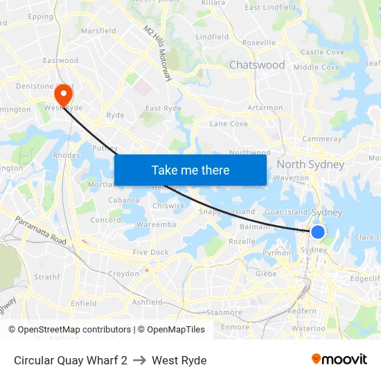 Circular Quay Wharf 2 to West Ryde map