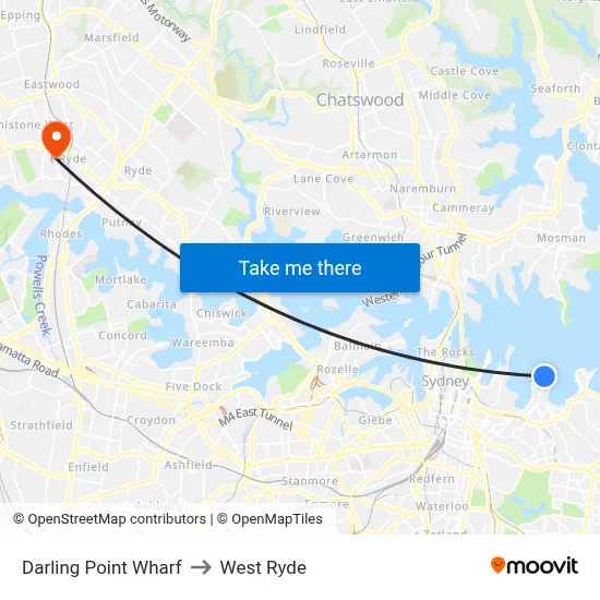 Darling Point Wharf to West Ryde map