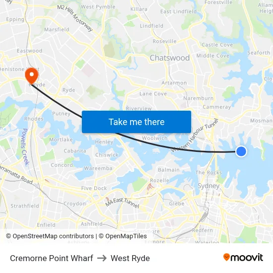 Cremorne Point Wharf to West Ryde map