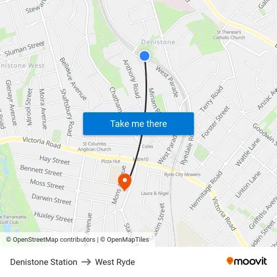 Denistone Station to West Ryde map