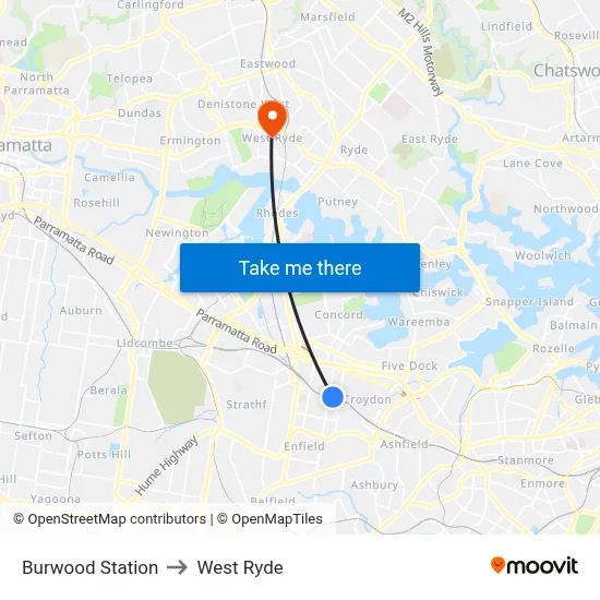 Burwood Station to West Ryde map