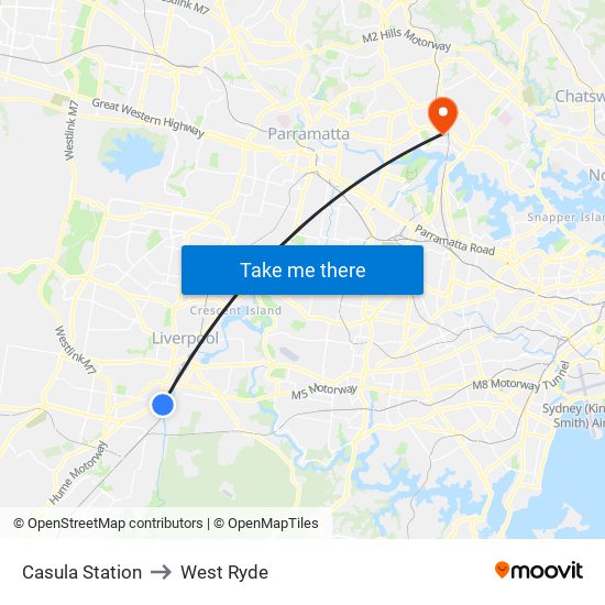 Casula Station to West Ryde map