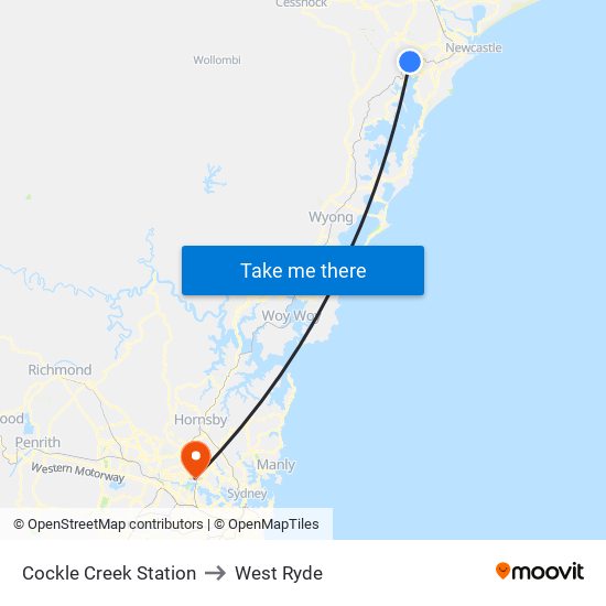 Cockle Creek Station to West Ryde map