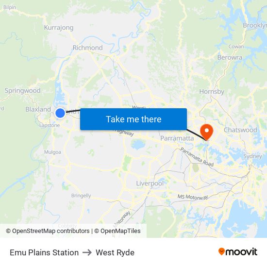 Emu Plains Station to West Ryde map