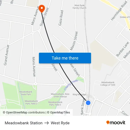Meadowbank Station to West Ryde map