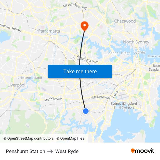 Penshurst Station to West Ryde map