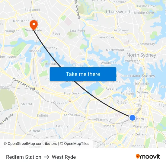 Redfern Station to West Ryde map