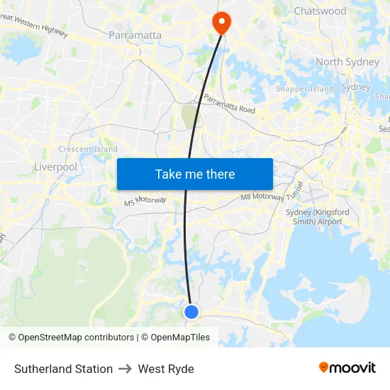 Sutherland Station to West Ryde map